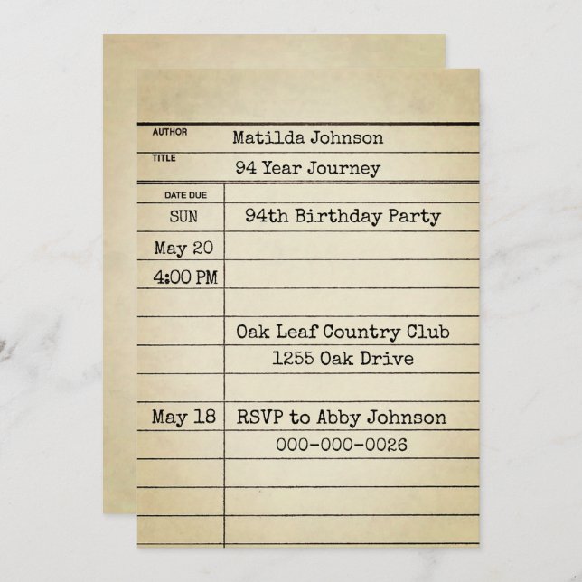 Invitation Old Library Card 94th Birthday Party (Devant / Derrière)