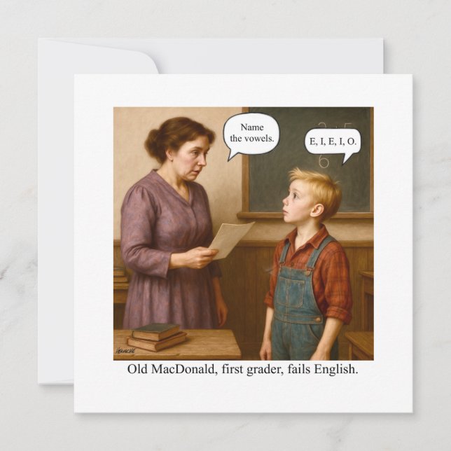 Invitation Old MacDonald, first grader, fails English. (Devant)