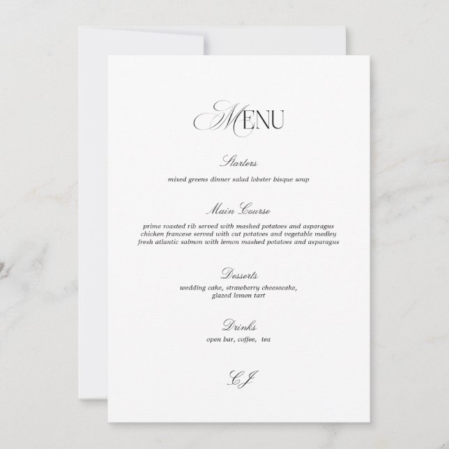 Invitation Old Money Black and White Wedding Menu Card (Devant)