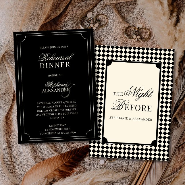 Invitation Old Money Black Ivory Checkered Rehearsal Dinner  (Créateur téléchargé)