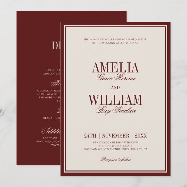 Invitation Old Money Classy Timeless Burgundy Wedding (Devant / Derrière)
