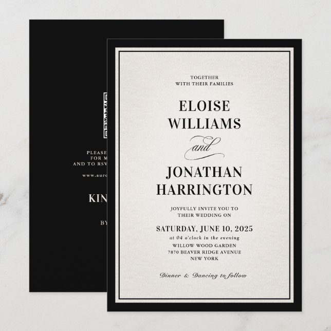 Invitation Old Money Modern Formal Black QR Code Chic Wedding (Devant / Derrière)