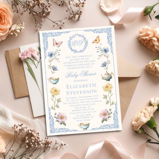 Invitation Old Money Regency Floral Tea Party Boy Baby Shower (Créateur téléchargé)