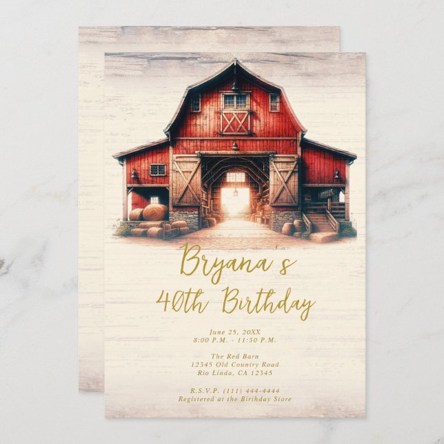 Invitation Old Red Barn Rustic Country Anniversaire (Devant / Derrière)