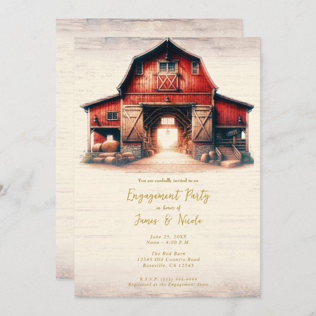 Invitation Old Red Barn Rustic Country Engagement Party (Devant / Derrière)