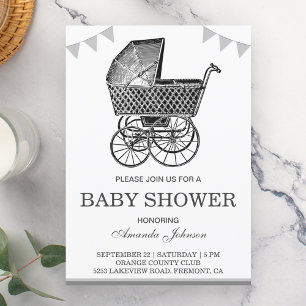 Invitation Old Vintage Stroller Baby shower noir et blanc