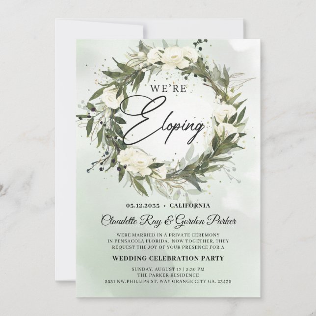 Invitation Olive bohème couronne de roses blanches elopement (Devant)