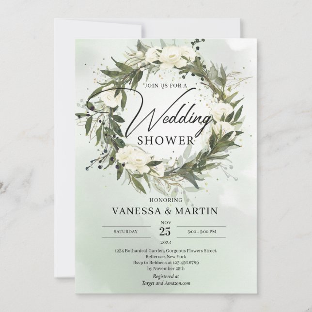Invitation Olive bohème verdure verte roses blanches fleurs (Devant)