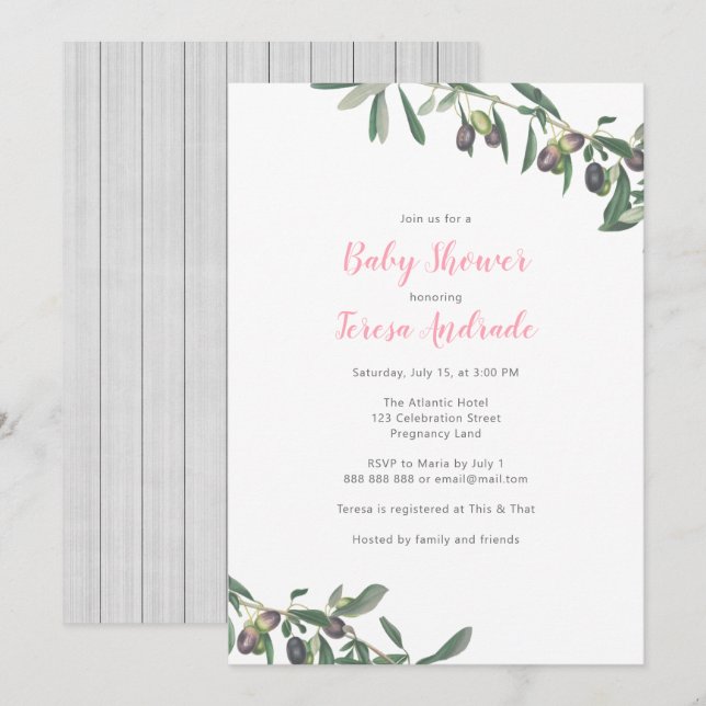 Invitation Olive Branch Baby shower méditerranéen Botanique (Devant / Derrière)