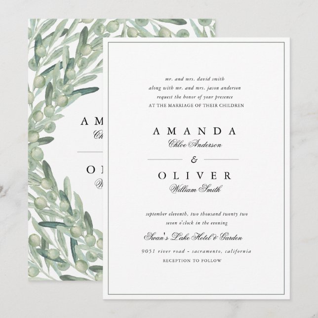 Invitation Olive Branch Botanical Greenery Mariage élégant (Devant / Derrière)