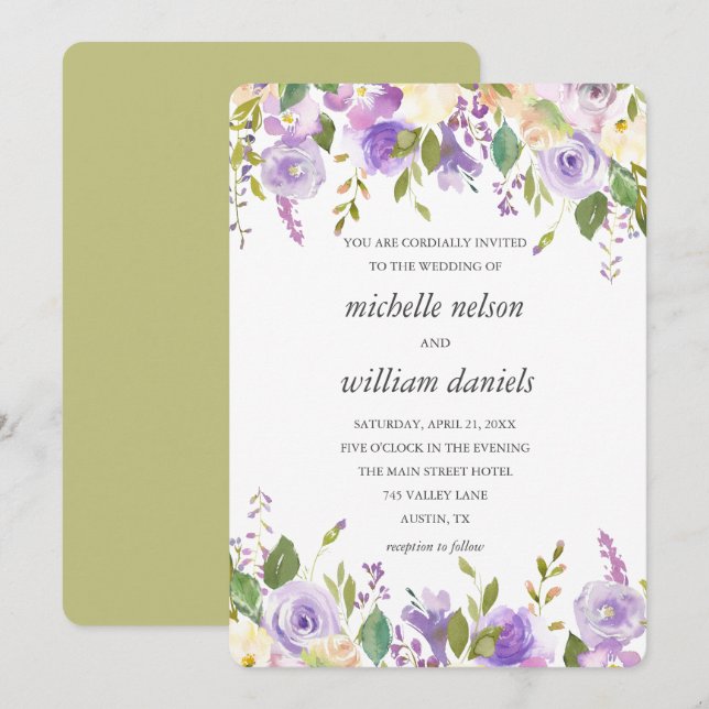 Invitation Olive | Chic Lavender Aquarelle Mariage Floral (Devant / Derrière)
