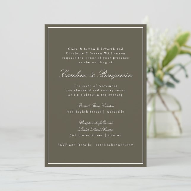 Invitation Olive Classic Border Script Elegant Wedding RSVP (Debout devant)