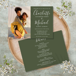 Invitation Olive Elegant Script Mariage photo Tout en un