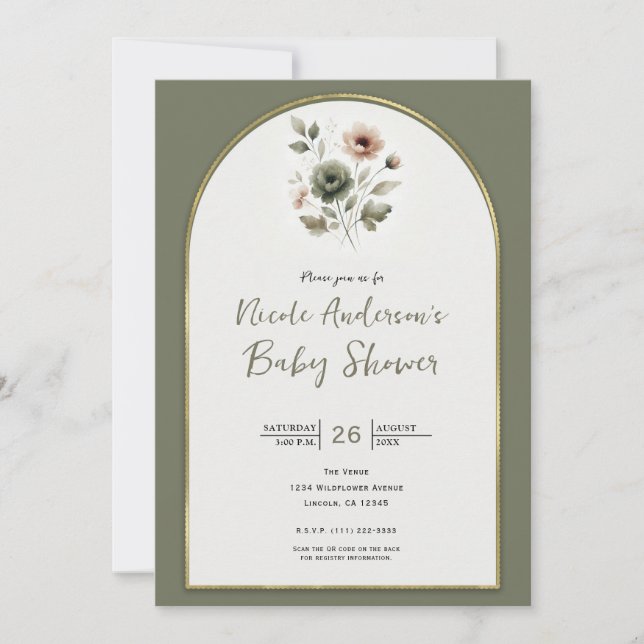 Invitation Olive et Baby shower floral rose pâle (Devant)