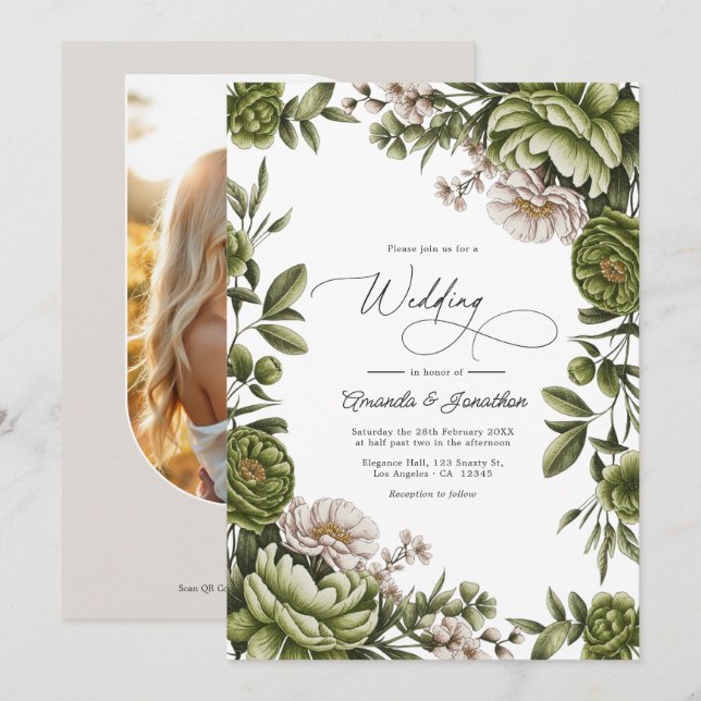 Invitation Olive Green and Neutral Floral Wedding QR Code (Devant / Derrière)