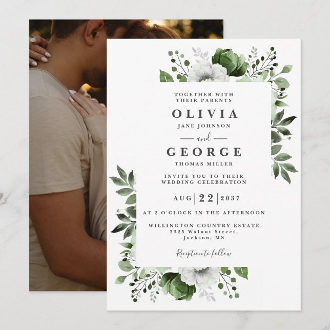 Invitation Olive Green Elegant Botanique Floral Mariage Photo (Devant / Derrière)