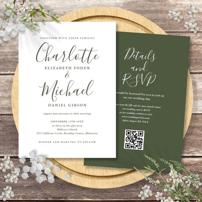 Invitation Olive Green Elegant Script QR Code Mariage (Olive Green Elegant Script QR Code Wedding Invitation)