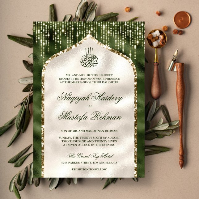 Invitation Olive Green et ivoire Gold Parties scintillant Arc (Créateur téléchargé)