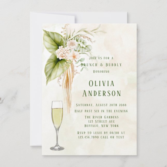 Invitation Olive Green Florales tropicales Brunch et Bubbly I (Devant)