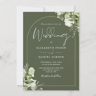 Invitation Olive Green Gold Arch Greenery QR Code Mariage