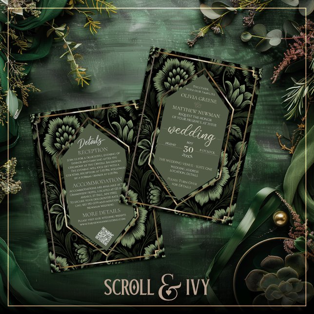 Invitation Olive Green & Gold Floral Détails & Mariage (Créateur téléchargé)