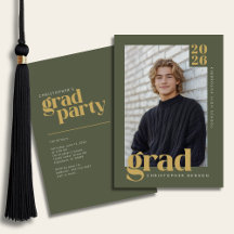 Olive Green Gold Modern Photo Graduation Party