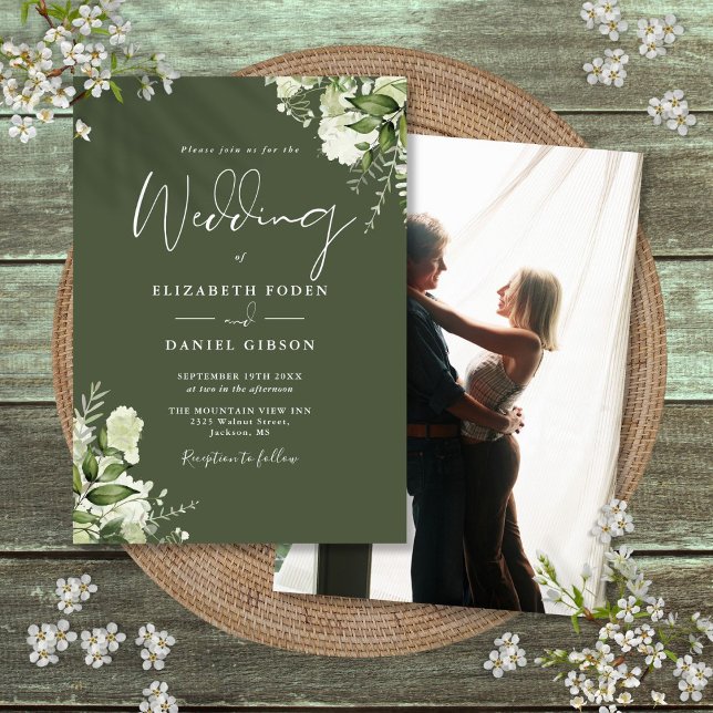 Invitation Olive Green Greenery Feuilles Élégant Mariage phot (Olive Green Greenery Leaves Elegant Photo Wedding Invitation)