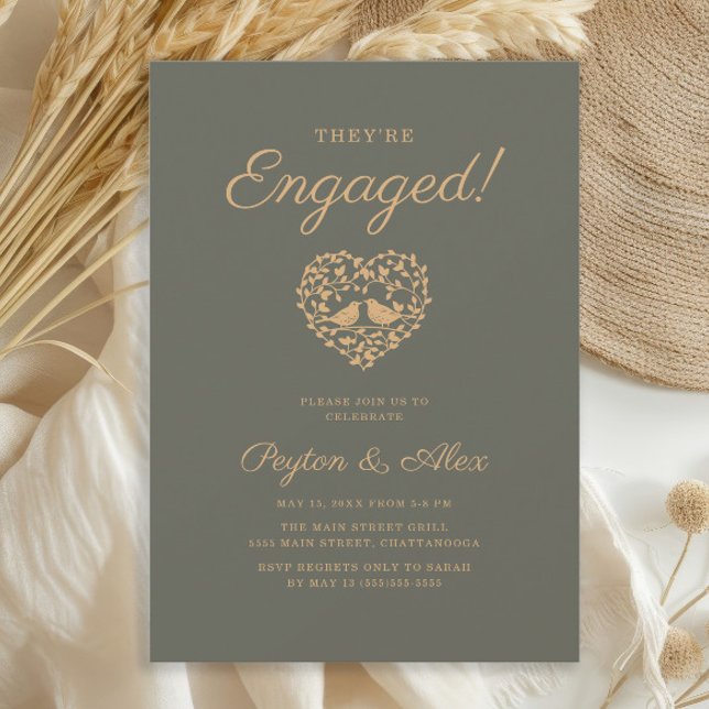 Invitation Olive Green Inséparables partie d'engagement cardi (Dark sage/olive green and gold "love birds" wedding engagement party invitation)