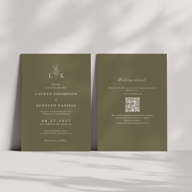 Invitation Olive Green Leaf Monogramme QR Code Mariage (Créateur téléchargé)