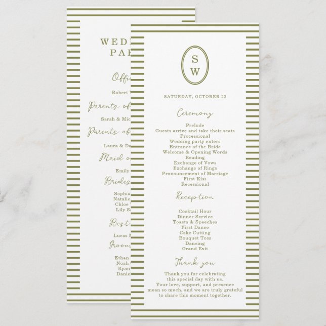 Invitation Olive Green Modern Wedding Program Card (Devant / Derrière)