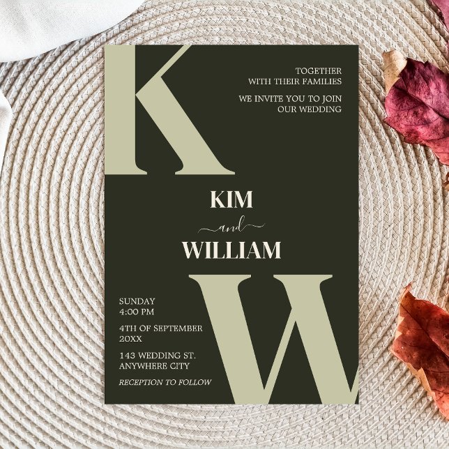Invitation Olive Green Moderne Monogramme Mariage (Olive Green Modern Monogram Wedding Invitation)