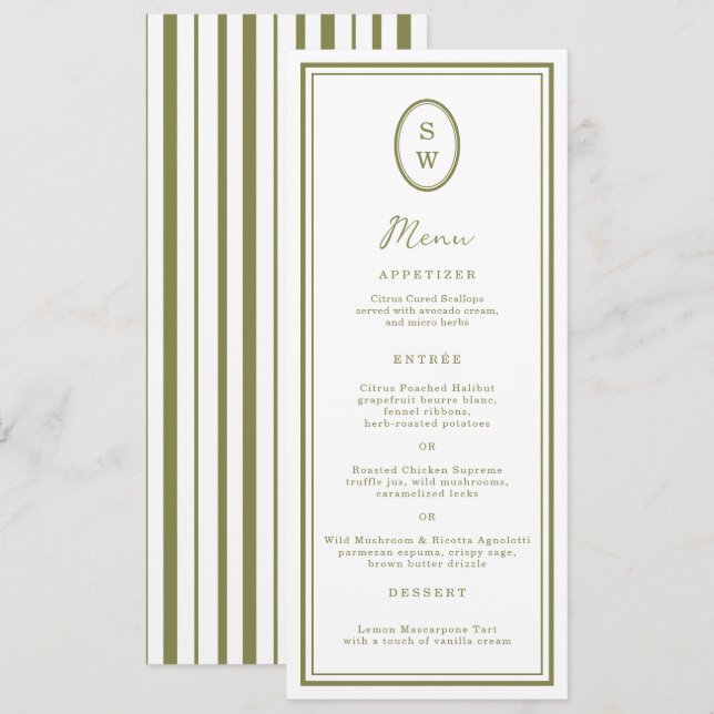 Invitation Olive Green Monogram Long Wedding Menu Card (Devant / Derrière)