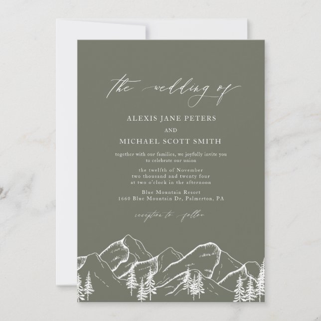 Invitation Olive Green Mountains Outdoor Pine Tree Mariage (Devant)