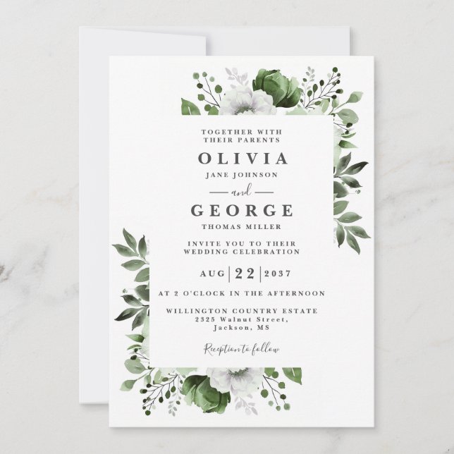 Invitation Olive Green Pays élégant Floral QR Code Mariage (Devant)