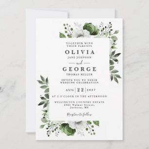 Invitation Olive Green Pays élégant Floral QR Code Mariage