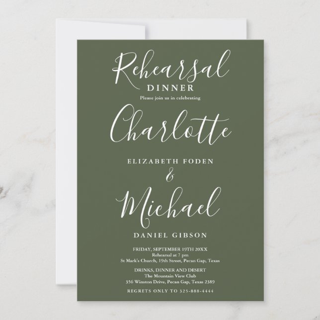 Invitation Olive Green Signature Script Dîner de répétition (Devant)