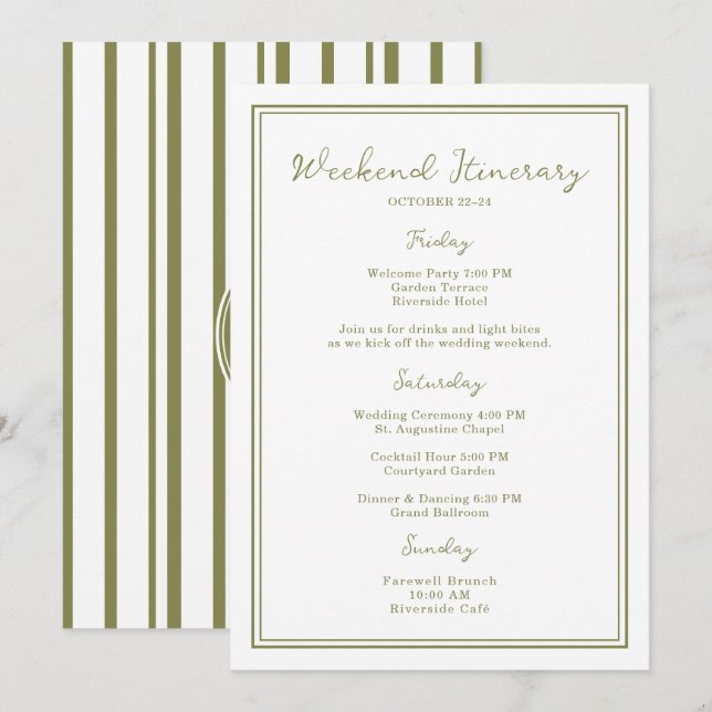 Invitation Olive Green Wedding Weekend Itinerary Card (Devant / Derrière)