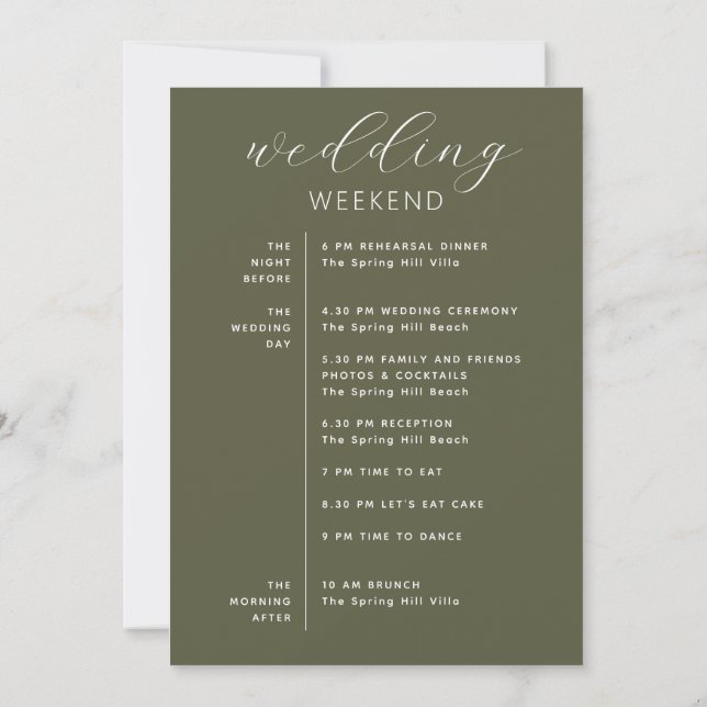 Invitation Olive Green Wedding Weekend Timeline & Welcome (Dos)