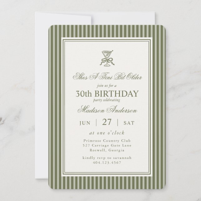 Invitation Olive Martini Tini Bit Older Striped Birthday (Devant)