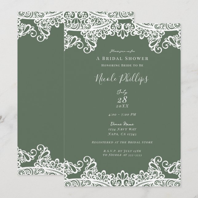 Invitation Olive rustique & dentelle Élégante Fête des mariée (Devant / Derrière)