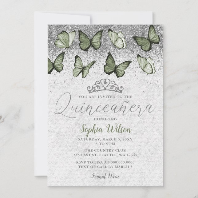 Invitation Olive Sage Argent Parties scintillant papillon Qui (Devant)