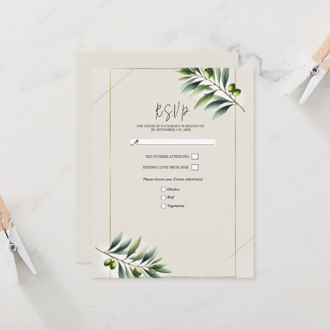 Invitation Olive vert Olive Leaf Bone Blanc & Or Russe RSVP (Devant/Arrière en situation)