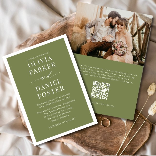Invitation Olive vert QR Code photo minimaliste Mariage (Créateur téléchargé)