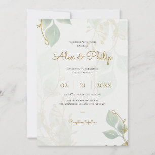 Invitation Olives d'ivoire Vert et or Elégant Mariage floral