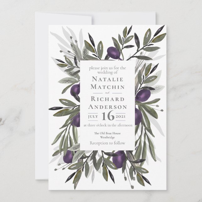 Invitation Olives toscanes Aquarelle Wreath Botanique (Devant)