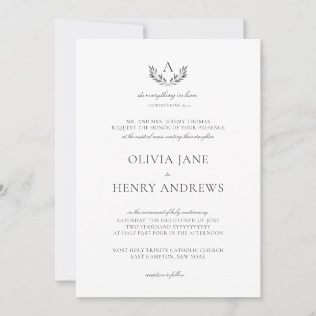 Invitation Olivia Elegant Grey Monogram Mariage catholique (Devant)