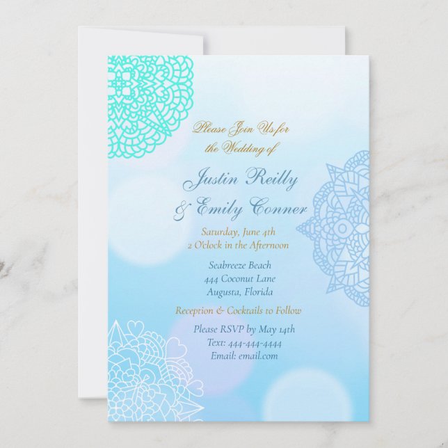 Invitation Ombre bleu, Turquoise et blanc Mandala Elégant mar (Devant)