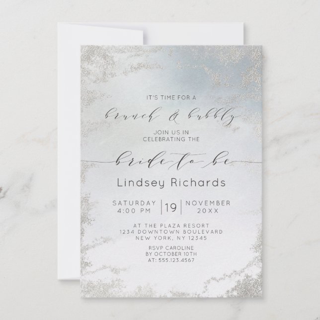 Invitation Ombre Dusty Blue Frosted Brunch & Bubbly Douche (Devant)