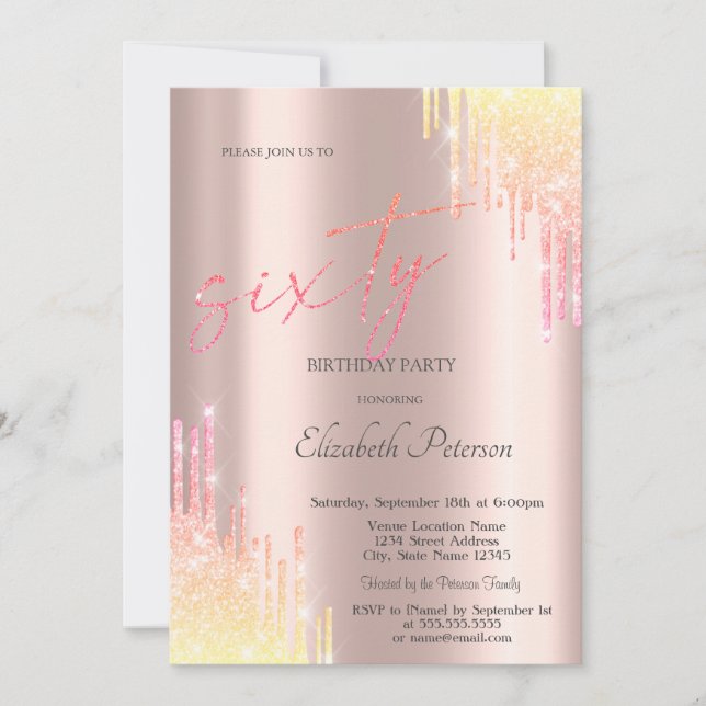 Invitation Ombre Parties scintillant Drips Rose Gold 60e anni (Devant)