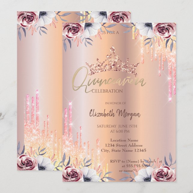 Invitation Ombre Parties scintillant Drop Tiara Floral Quince (Devant / Derrière)